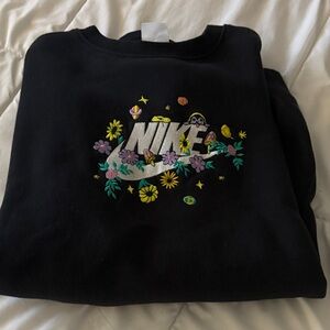 Nike Black Crewneck Sweatshirt with Colorful Floral Swoosh